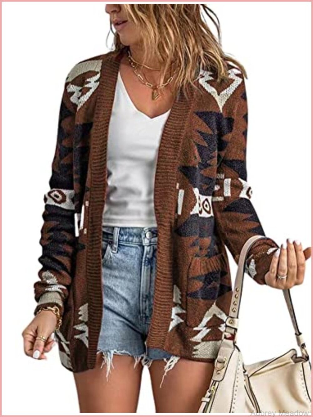 Tribal Aztec Print Open Front Knitted Jacquard Cardigan Sweater